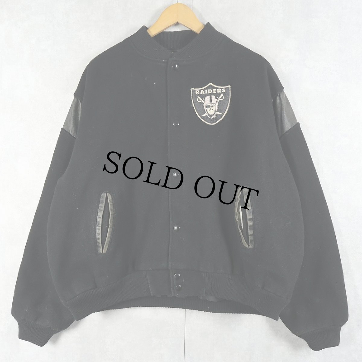 画像2: 80's NFL RAIDERS フットボールチーム レザー×メルトンウール スタジャン BLACK XXL (2)