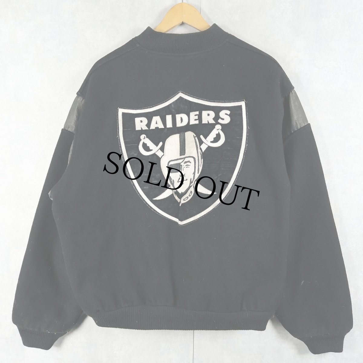 画像1: 80's NFL RAIDERS フットボールチーム レザー×メルトンウール スタジャン BLACK XXL (1)