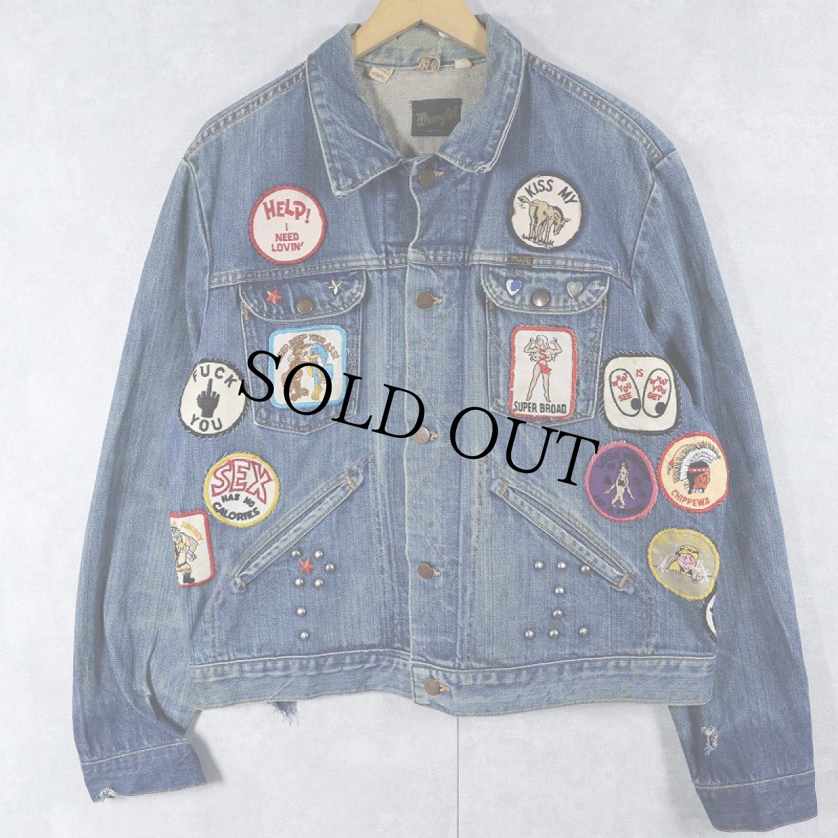 画像1: 70's Wrangler 124MJ USA製 ワッペンカスタム デニムジャケット SIZE48 (1)