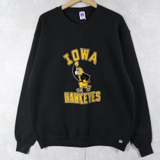 画像1: 80's RUSSELL ATHLETIC USA製 前V "IOWA HAWKEYES" フロッキープリントスウェット BLACK XL (1)