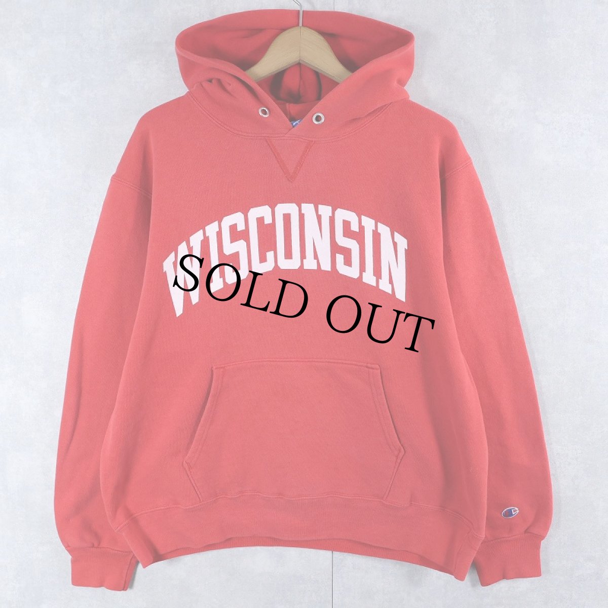 画像1: 80〜90's Champion 青刺繍タグ 中期 USA製 "WISCONSIN" 前V プリントスウェットフーディー L (1)