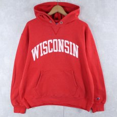 画像1: 80〜90's Champion 青刺繍タグ 中期 USA製 "WISCONSIN" 前V プリントスウェットフーディー L (1)