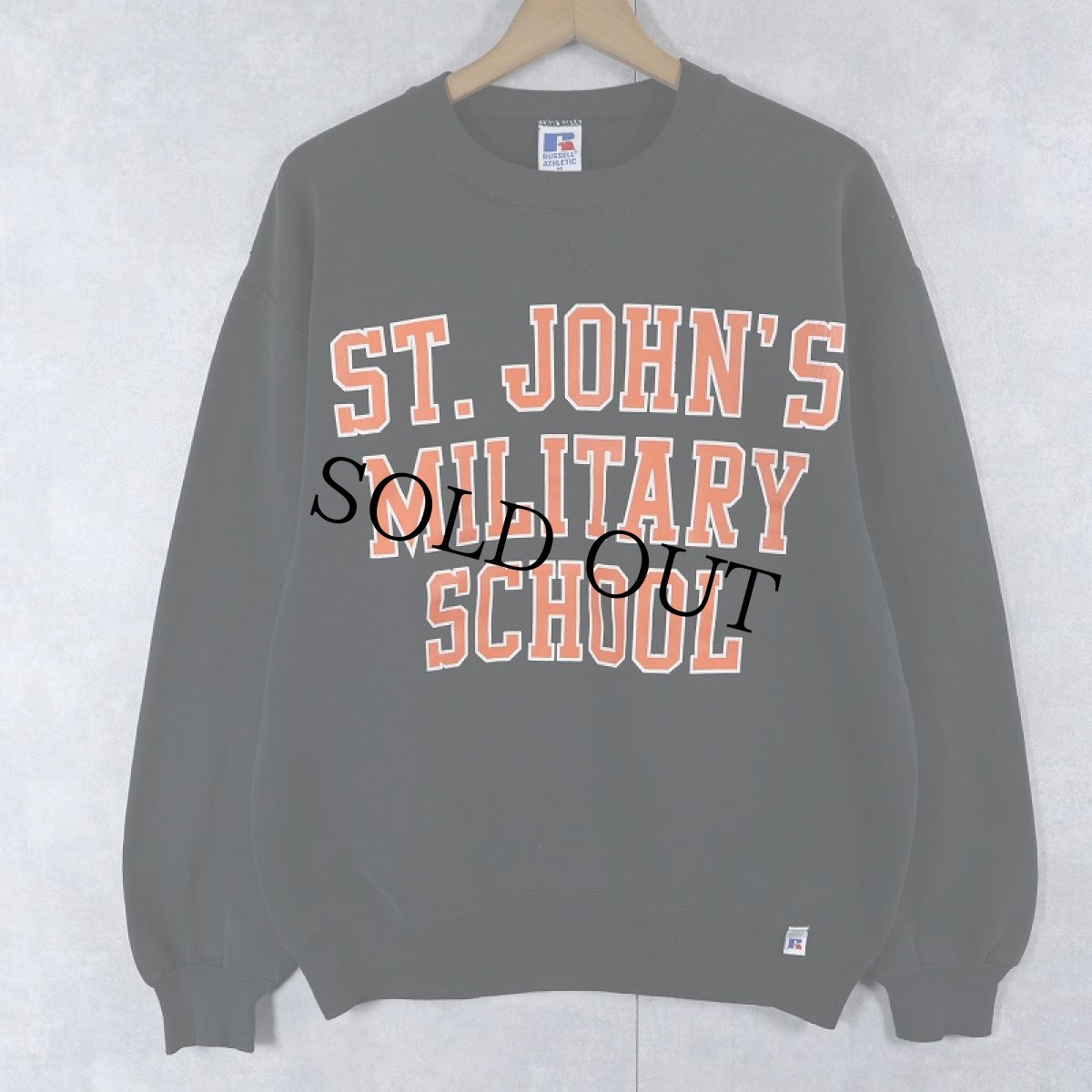 画像1: 90's RUSSELL ATHLETIC USA製 "ST.JOHN'S MILITARY SCHOOL" 前V プリントスウェット BLACK M (1)