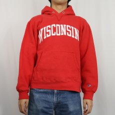 画像2: 80〜90's Champion 青刺繍タグ 中期 USA製 "WISCONSIN" 前V プリントスウェットフーディー L (2)