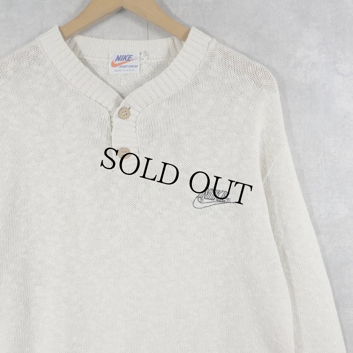 画像1: 70〜80's NIKE ロゴ刺繍 ヘンリーネック コットンニットセーター L (1)