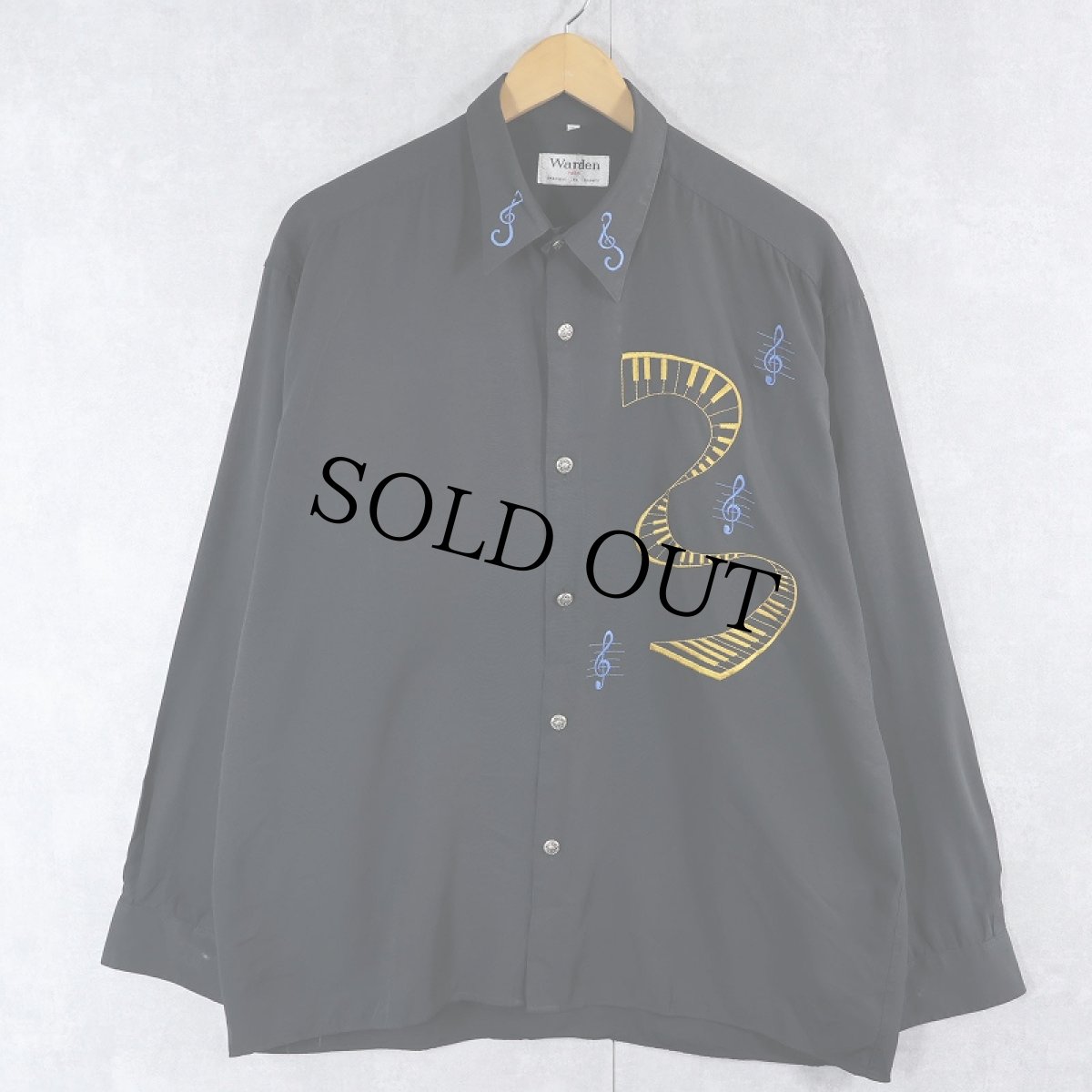 画像1: 〜90's Warden PARIS FRANCE製 音符×鍵盤 刺繍 レーヨンシャツ BLACK SIZE 4 (1)