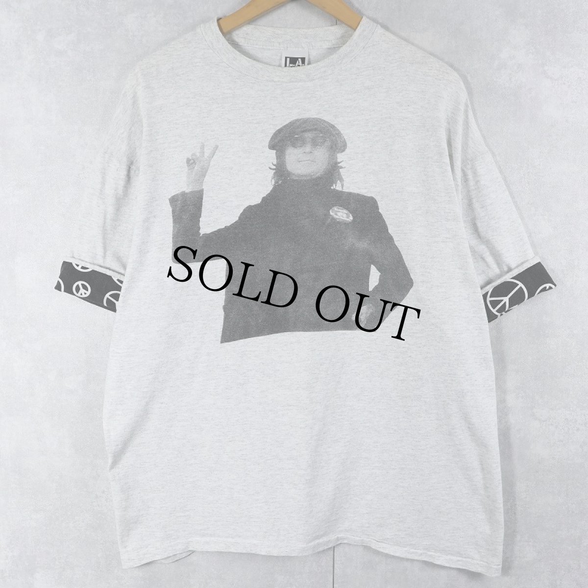 画像1: 90's JOHN LENNON ピースマークプリント 袖ダブルフェイス ミュージシャンプリントTシャツ XL (1)