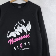 画像1: 80's Nunsense USA製 "It's Habit Forming!" 発泡プリント ミュージカルラグランスウェット BLACK XL (1)