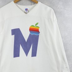 画像1: 80's Apple USA製 "MINNEAPOLIS" Vネック レインボーロゴプリント フットボールTシャツ L (1)