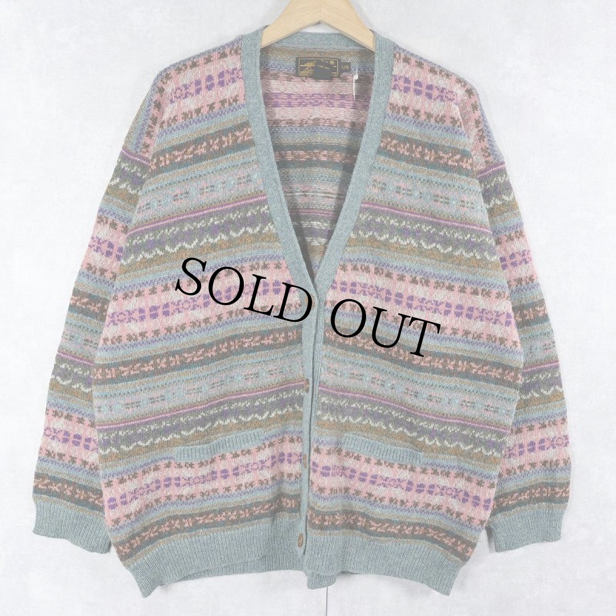 画像1: 80〜90's Eddie Bauer フェアアイル柄 ウールニットカーディガン L (1)