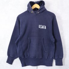 画像1: 70〜80's Champion REVERSE WEAVE 青単色タグ USA製 "USAFA" フロッキープリントスウェットフーディー NAVY S (1)