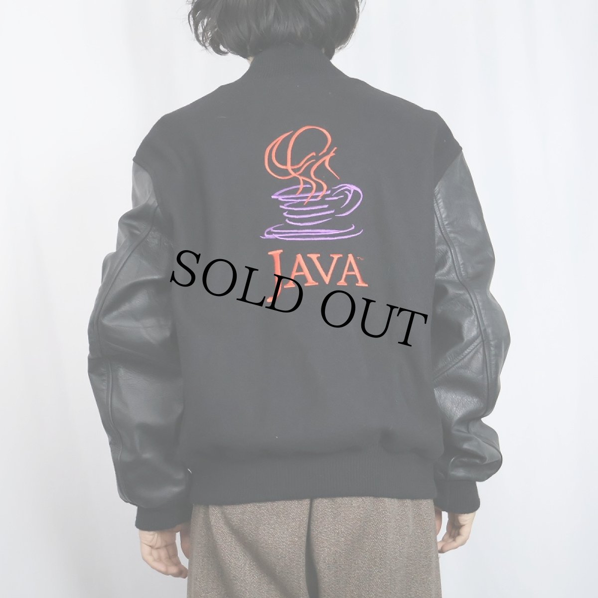 画像4: 90's Sun microsystems USA製 "JAVA" ロゴ刺繍 レザー×メルトンウールスタジャン BLACK L (4)