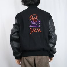 画像4: 90's Sun microsystems USA製 "JAVA" ロゴ刺繍 レザー×メルトンウールスタジャン BLACK L (4)