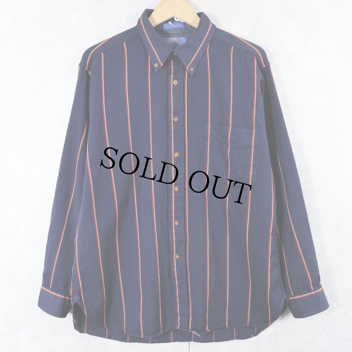 画像1: 70's PENDLETON USA製 "Country Traditionals" ストライプ柄 ウールボタンダウンシャツ NAVY L (1)