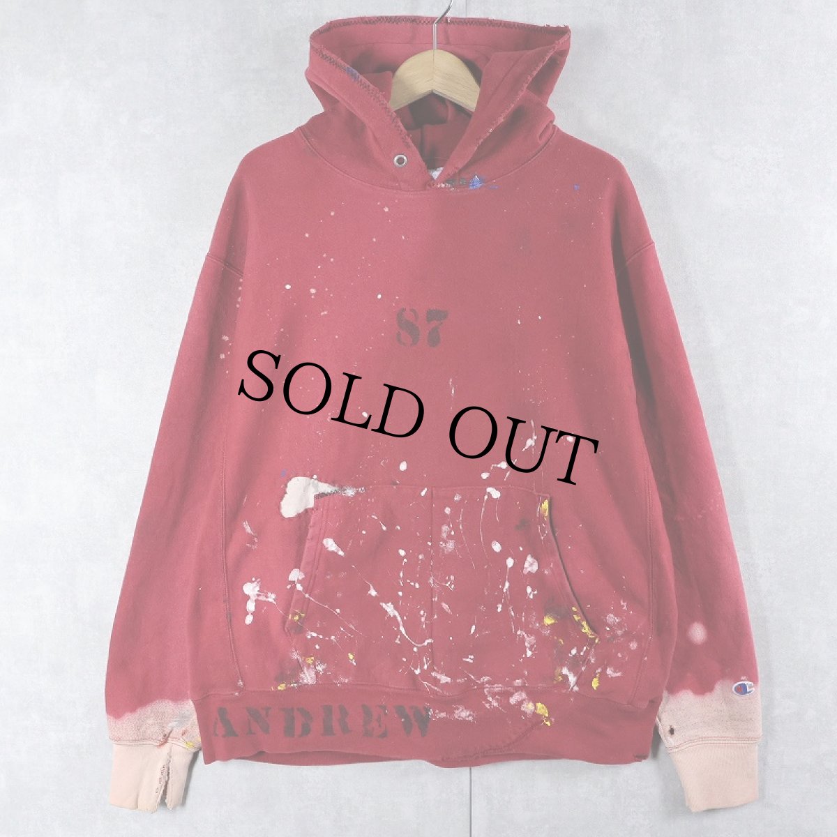 画像1: Champion REVERSE WEAVE ステンシル×ペンキペイント 目無しスウェットフーディー L (1)