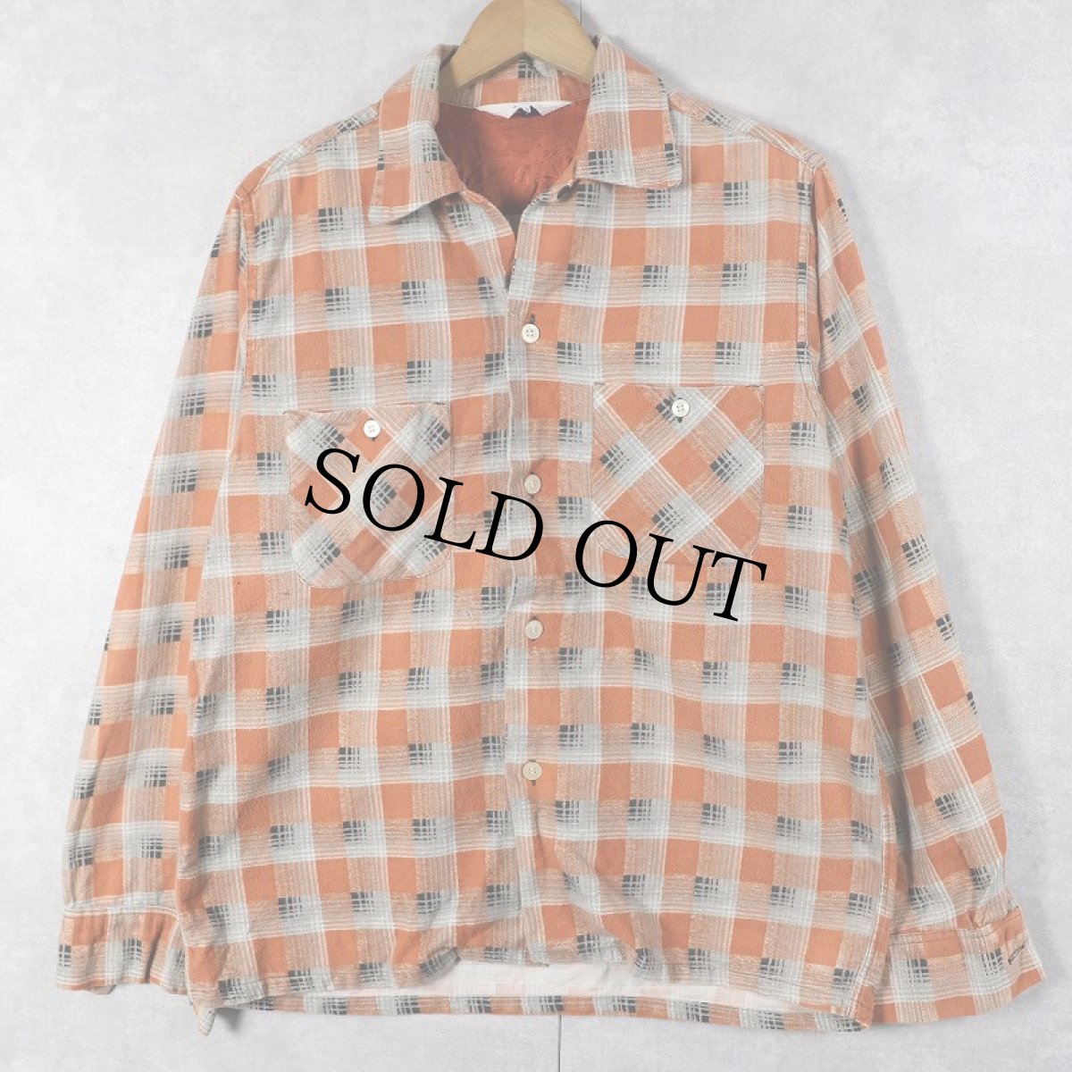 画像1: 60's MYLAN チェック柄 プリントネル オープンカラーシャツ S (1)
