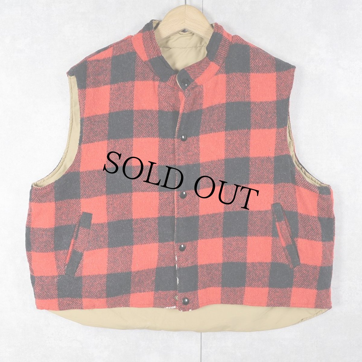 画像1: 90's WEATHERGUARD バッファローチェック柄 ウール×ナイロン リバーシブルベスト XL (1)