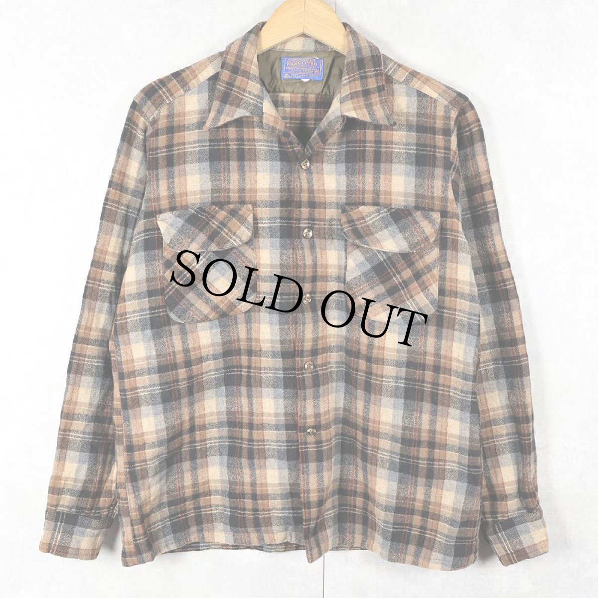 画像1: 70's PENDLETON USA製 チェック柄 オープンカラーウールシャツ M (1)