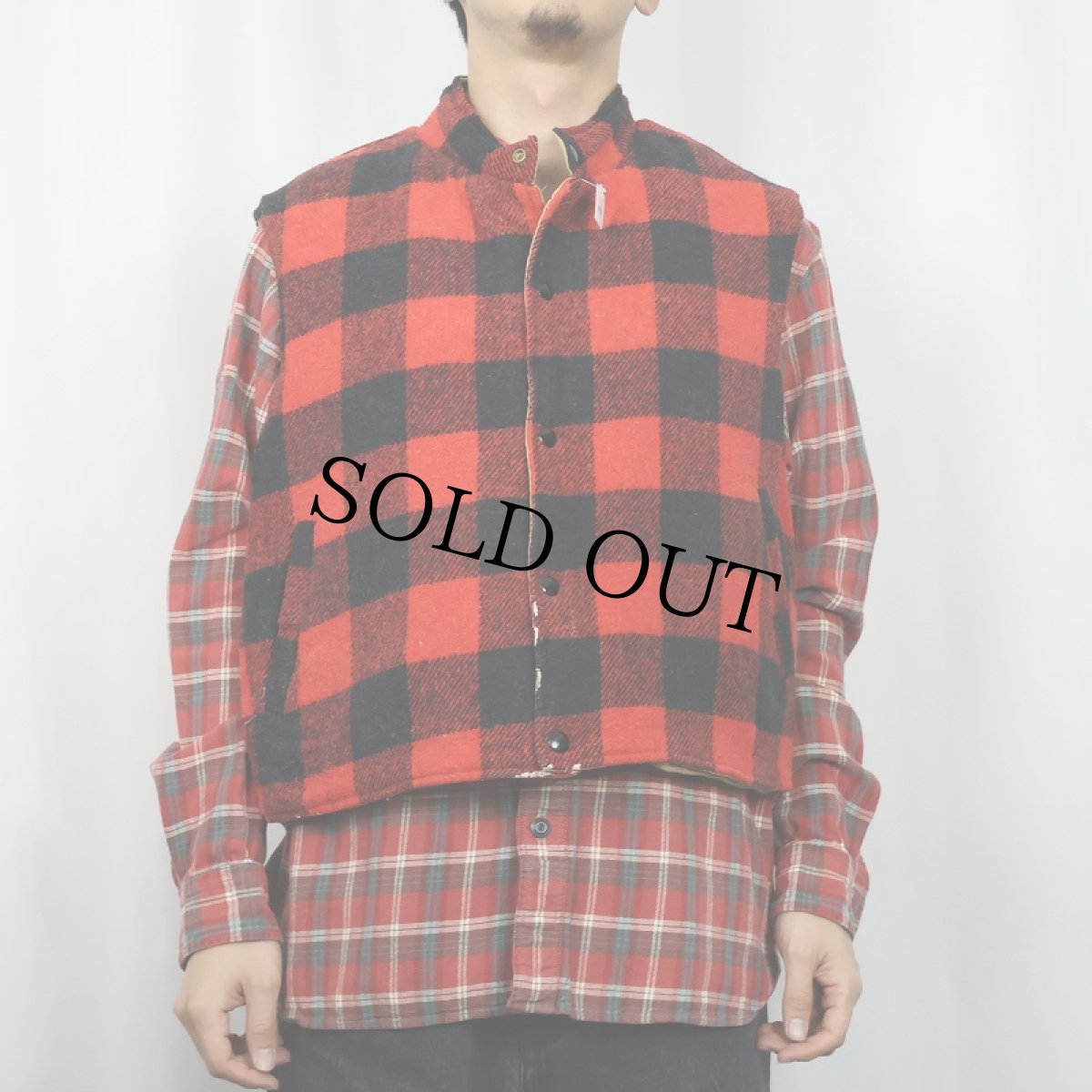 画像3: 90's WEATHERGUARD バッファローチェック柄 ウール×ナイロン リバーシブルベスト XL (3)