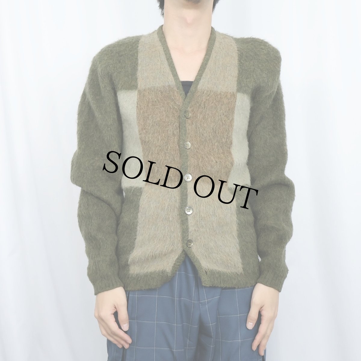 画像2: 60's CAMPUS USA製 チェック柄 モヘアシャギーニットカーディガン M (2)