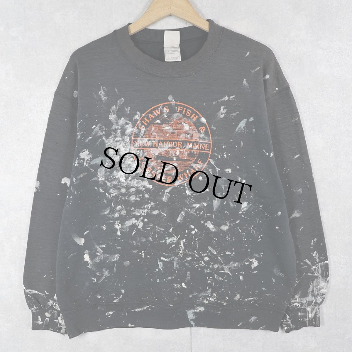 画像1: "SHAW'S FISH & LOBSTER WHARF" ペンキペイント プリントスウェット BLACK L (1)