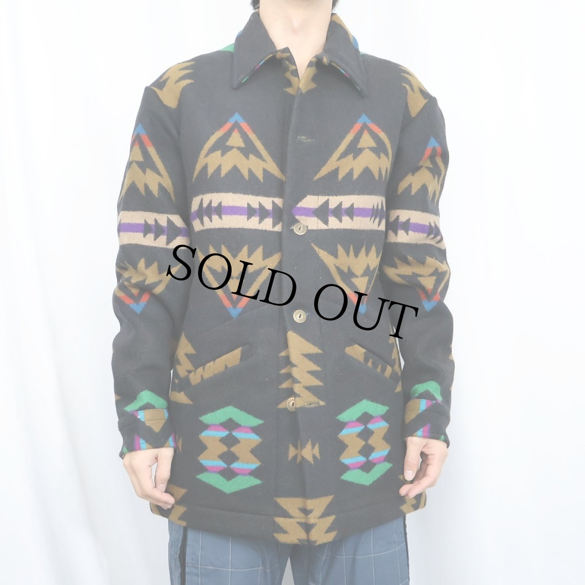 画像2: 80's PENDLETON USA製 ネイティブ柄 ウールジャケット BLACK M タグ付き未使用 (2)