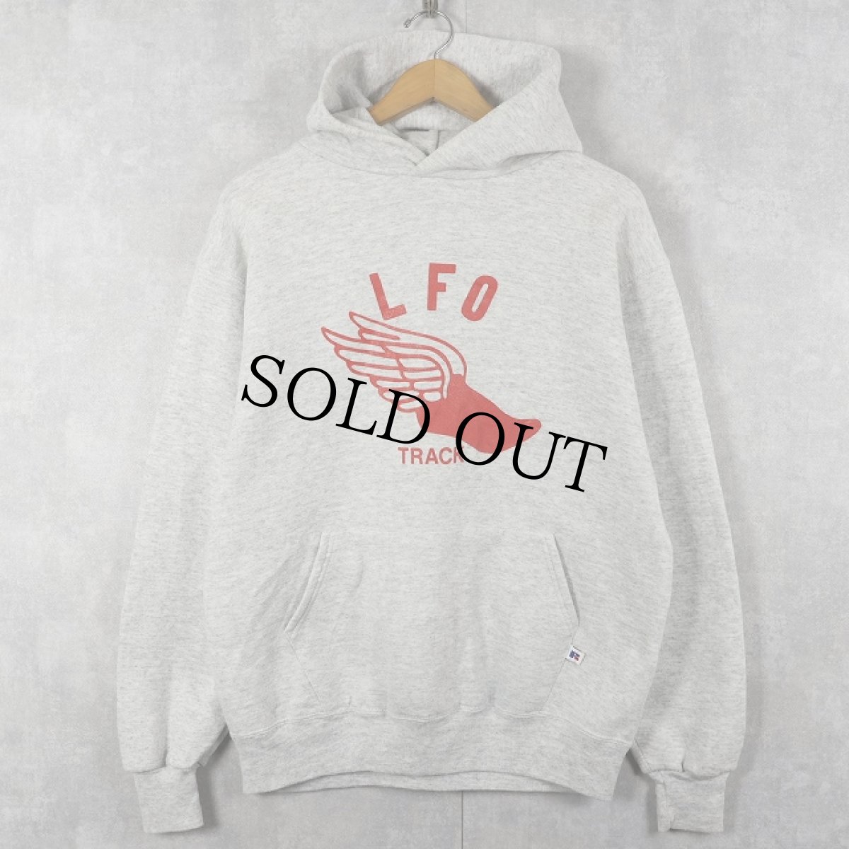 画像1: 90's RUSSELL ATHLETIC USA製 ”LFO TRACK" ウイングフット プリントスウェットフーディー L (1)