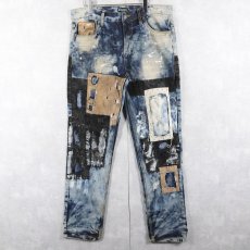 画像1: CJ BLACK PREMIUM "SLIM STRAIGHT" ブリーチ&パッチワークデザイン デニムパンツ W39 (1)