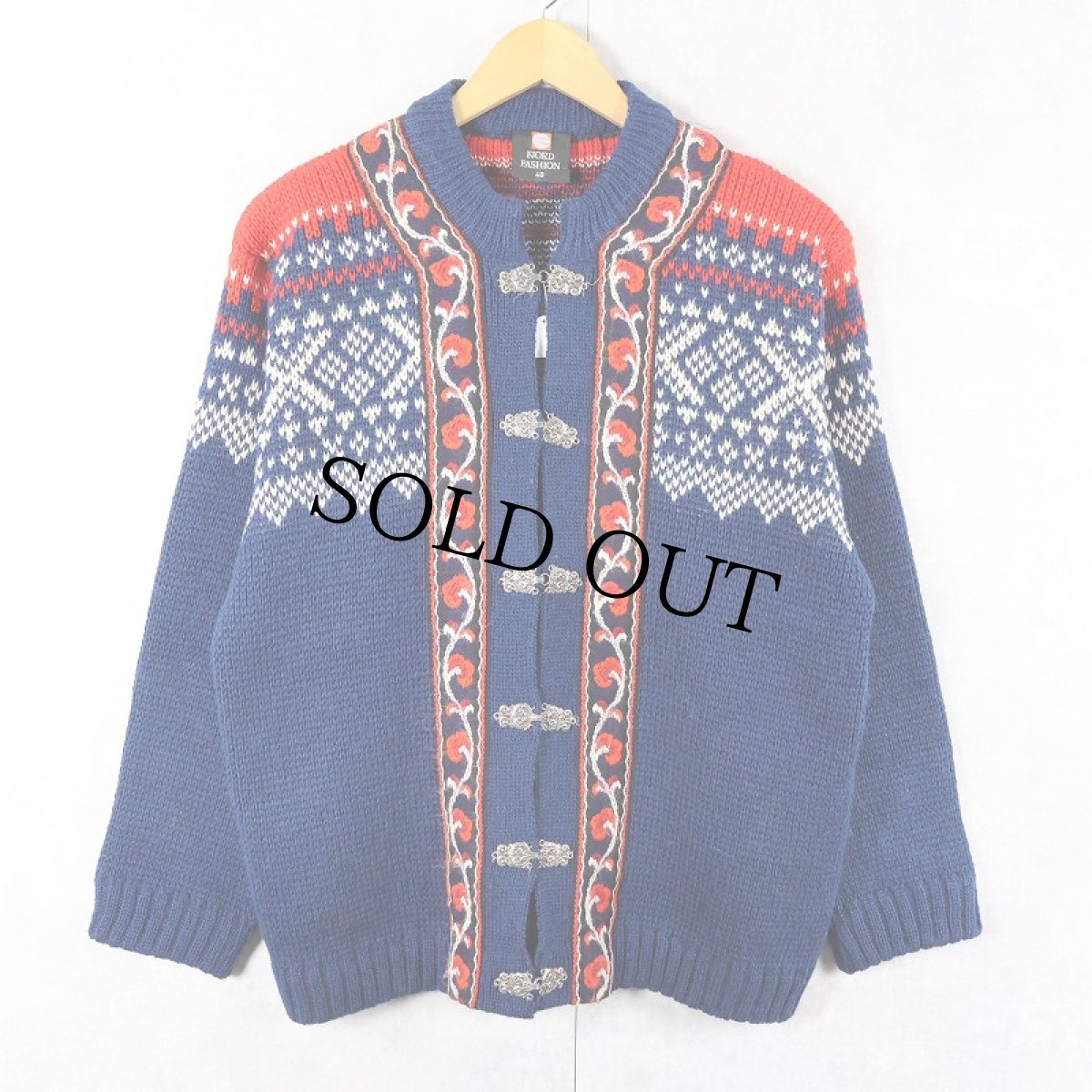 画像1: 80's〜 FJORD FASHION ノルディック柄 ウールニットカーディガン SIZE48 (1)