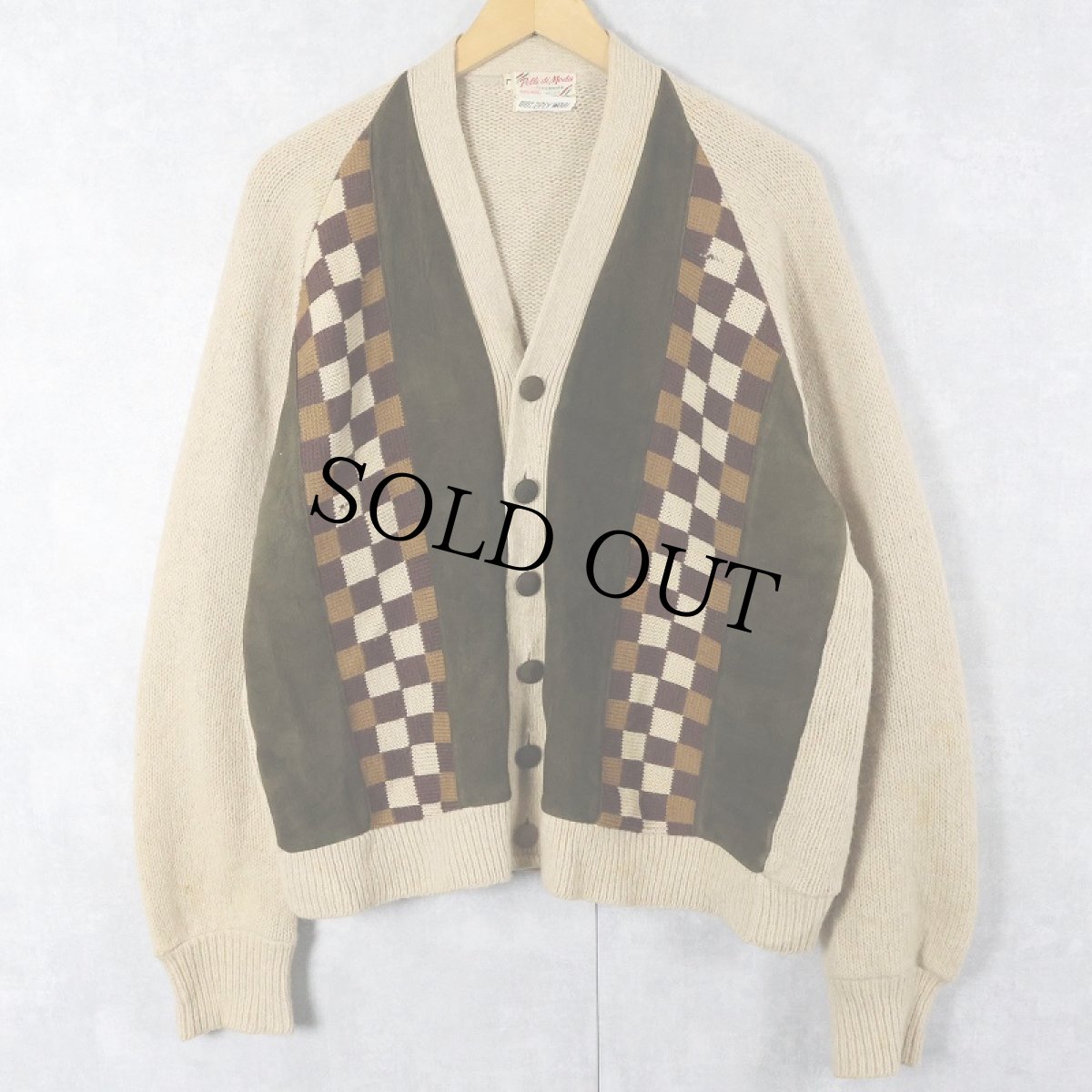 画像1: 〜70's Pelle di Moda by FORMAN "2PLY WOOL" スエード切り替え ウールニットカーディガン L (1)