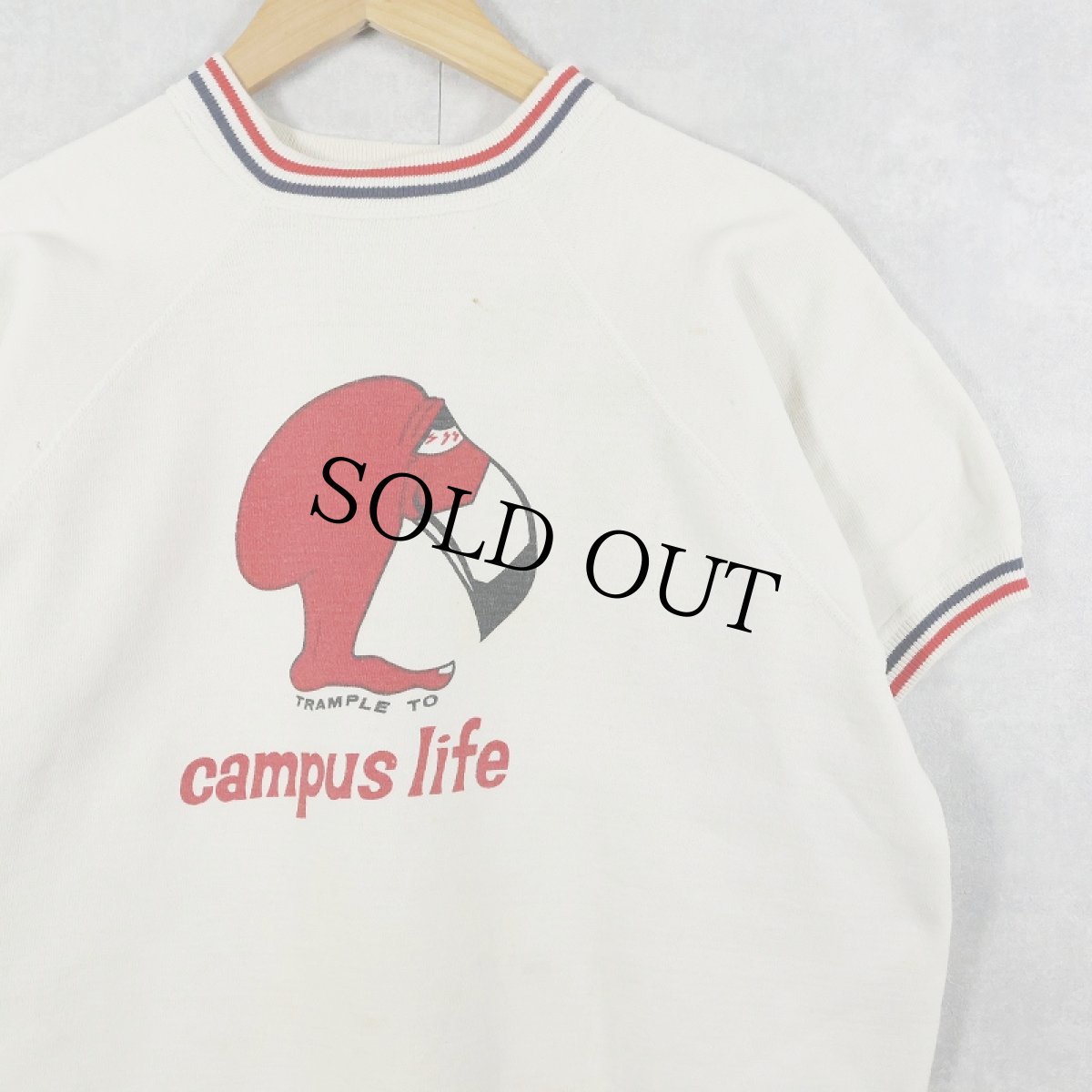 画像1: 60's Champion C中ランタグ "TRAMPLE TO CAMPUS LIFE" 染み込みプリント ボーダーリブ ラグラン半袖スウェット L (1)
