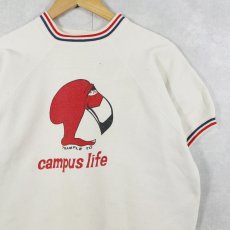 画像1: 60's Champion C中ランタグ "TRAMPLE TO CAMPUS LIFE" 染み込みプリント ボーダーリブ ラグラン半袖スウェット L (1)