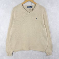 画像1: POLO Ralph Lauren ロゴ刺繍 Vネック コットンニットセーター XL (1)