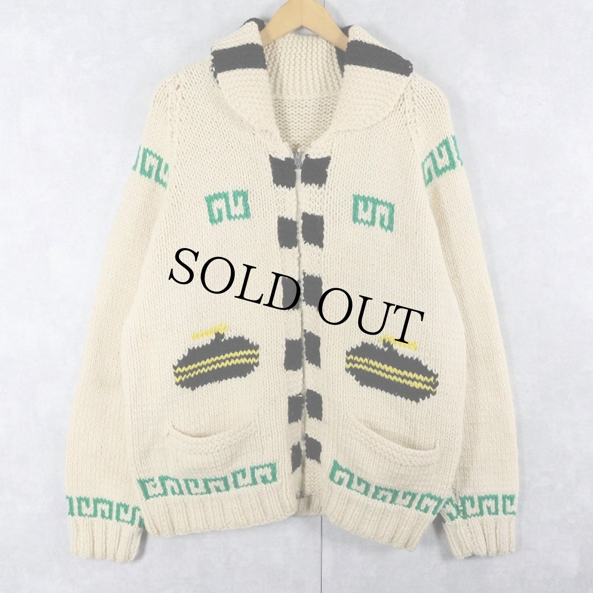 画像1: 60〜70's カーリング柄 ショールカラー ウールカウチンニットジャケット (1)