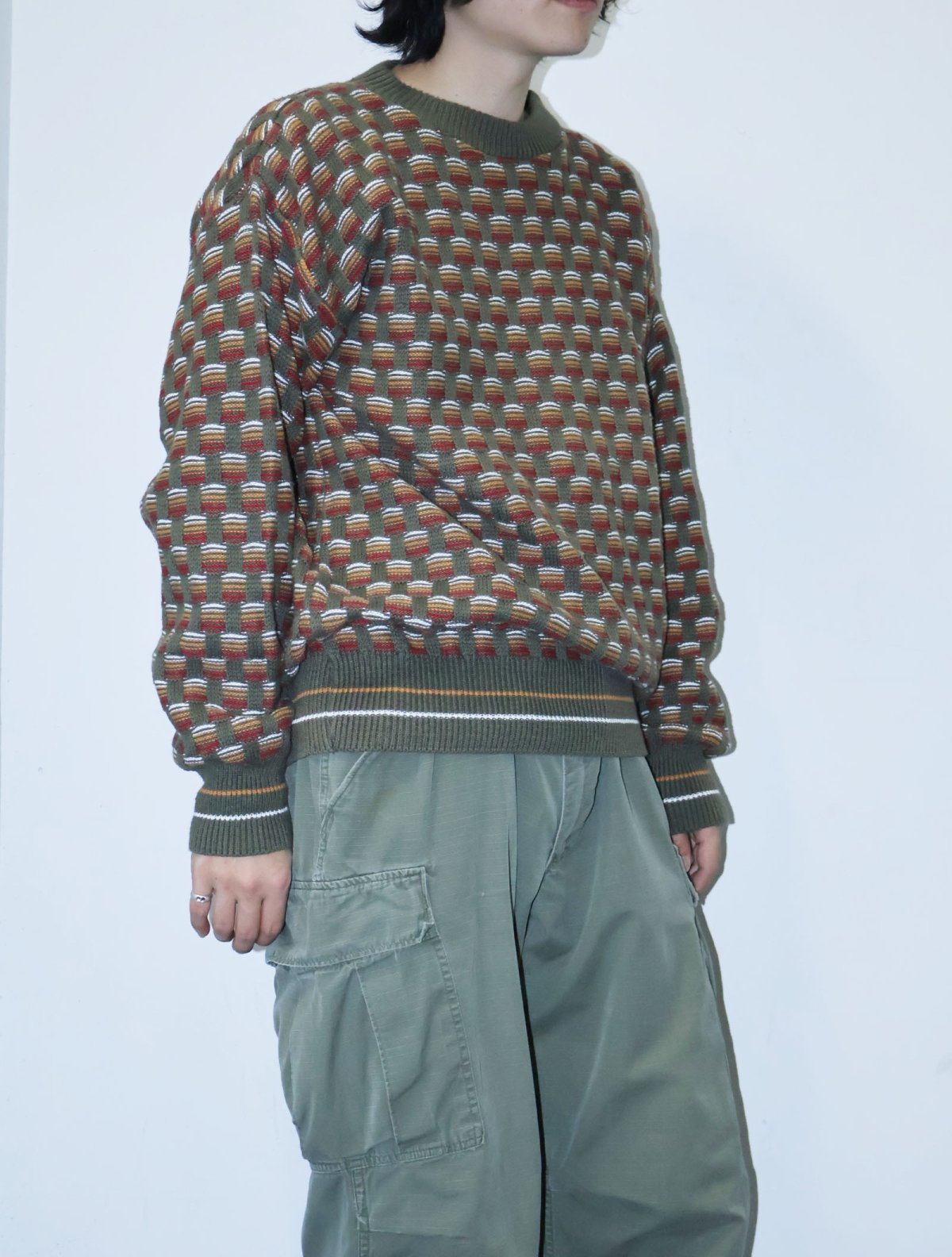 画像1: 90's HAMPTON BAY USA製 総柄 コットンニットセーター L (1)