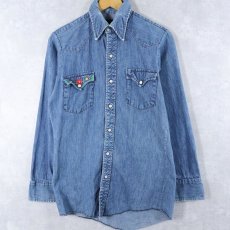 画像1: 70's LONG HORN ハンド刺繍入り デニムウエスタンシャツ (1)