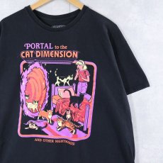 画像1: Steven Rhodes "PORTAL to the CAT DIMENSION" イラストプリントTシャツ BLACK XL (1)