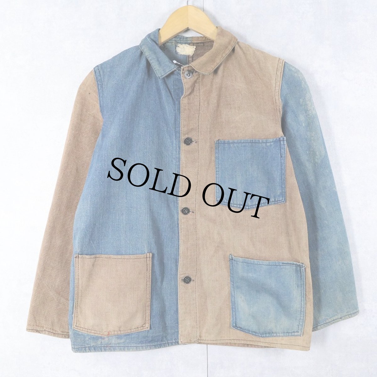 画像1: 〜30's インディゴ×ブラウンデニム クレイジーパターン カバーオール (1)