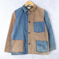 画像1: 〜30's インディゴ×ブラウンデニム クレイジーパターン カバーオール (1)