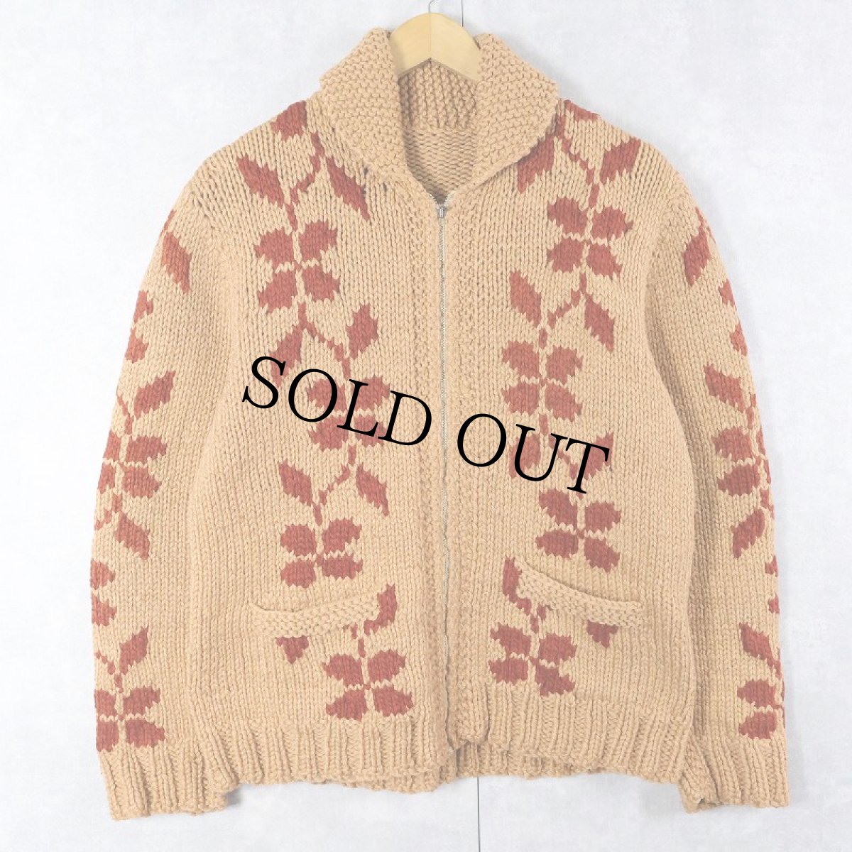 画像1: 60's 植物柄 ショールカラー カウチンニットジャケット (1)