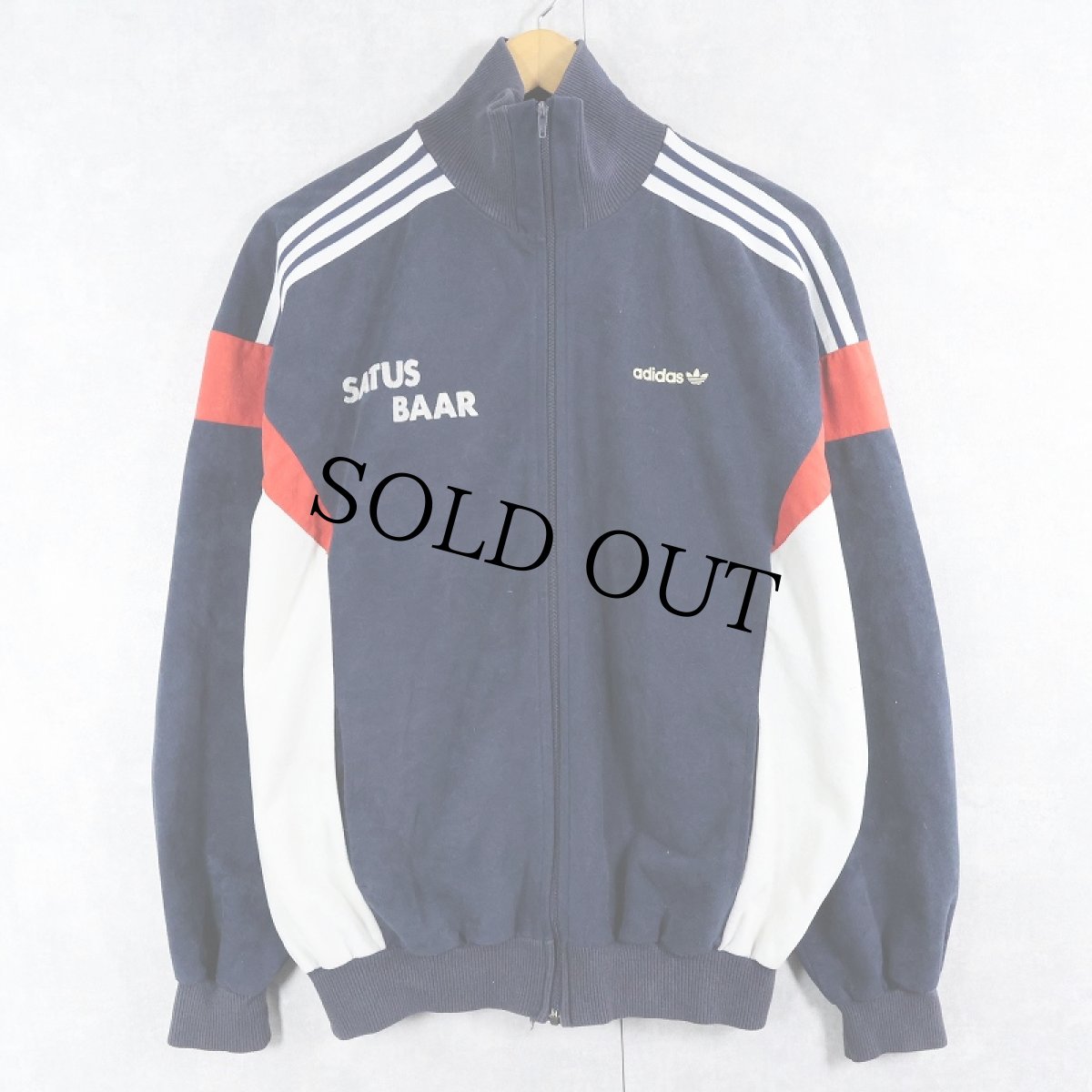 画像1: 80's adidas FRANCE製 切り替えデザイン フロッキープリント ベロアトラックジャケット NAVY SIZE180 (1)