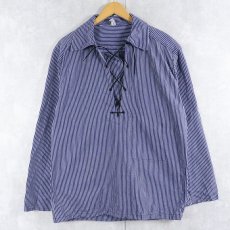 画像1: B&C ストライプ柄 レースアップ コットンプルオーバーシャツ SIZE48 (1)