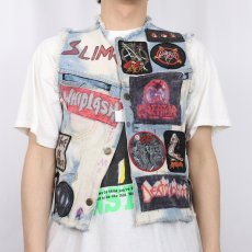 画像3: Camaro Jeans バンドワッペン&スタッズカスタム&ブリーチ加工 カットオフデニムベスト (3)