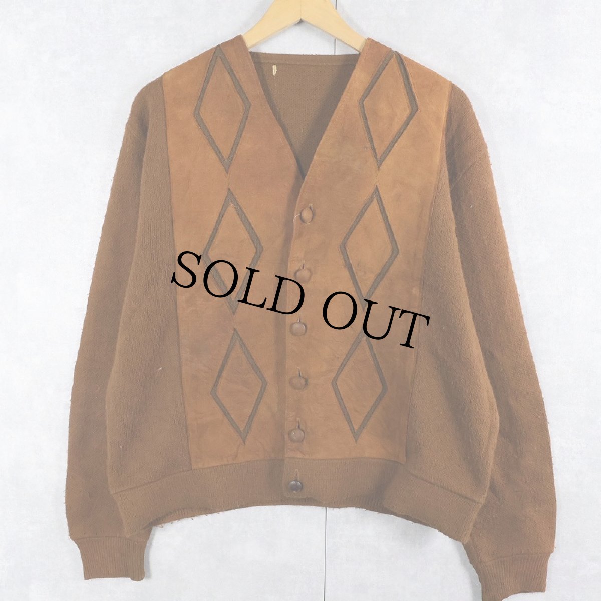 画像1: 〜70's スエード切り替え ウールニットカーディガン (1)