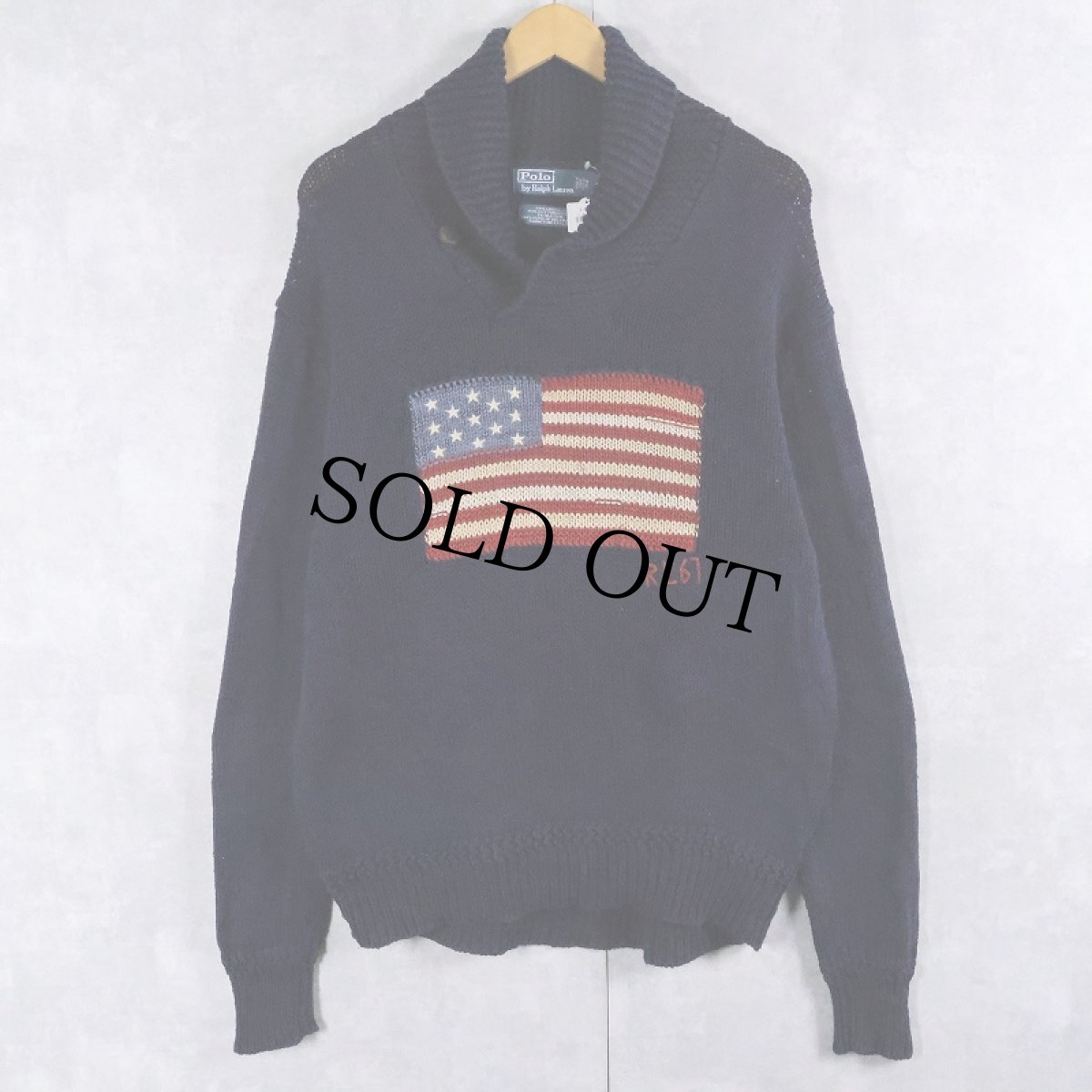 画像1: POLO Ralph Lauren リネン×コットン×シルク 星条旗柄 ショールカラーニットセーター L (1)