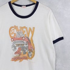 画像1: 60〜70's FORD DESTROYER 染み込みプリント リンガーTシャツ L (1)