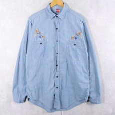 画像1: 50〜60's Workmaster by SPIEGEL 猫目ボタン ハンド刺繍 シャンブレーシャツ (1)
