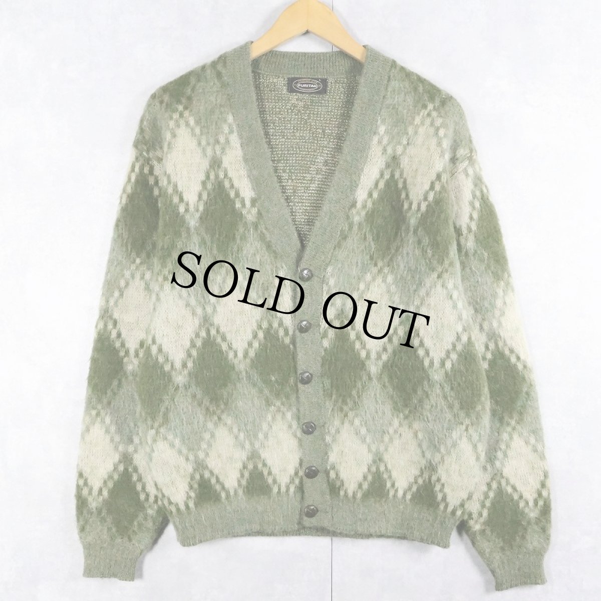 画像1: 60's PURITAN ダイヤ柄 モヘアニットカーディガン L (1)