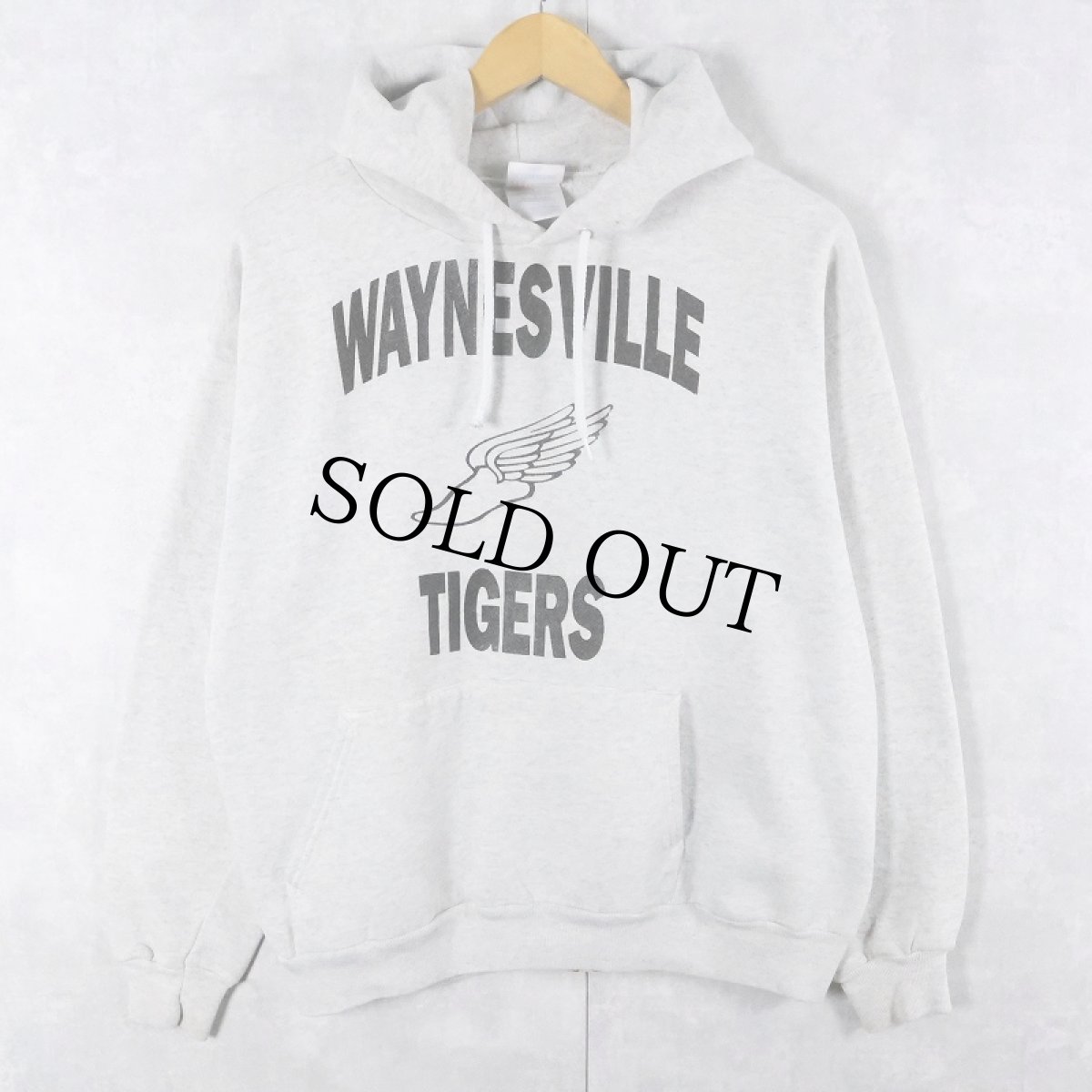 画像1: 90's Hanes USA製 "WAYNESVILLE TIGERS" ウイングフット プリントスウェットフーディー L (1)