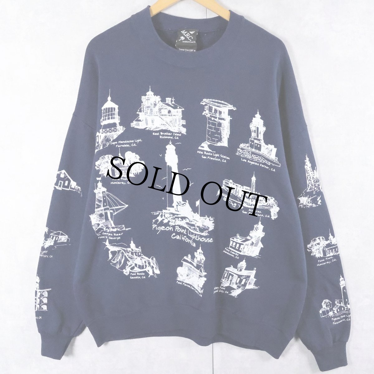 画像1: 90's MICHIGAN RAG CO. ライトハウス柄 プリントスウェット NAVY 2X (1)